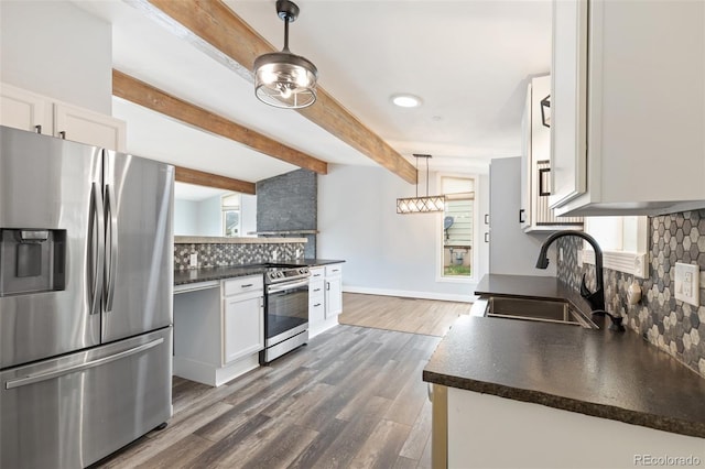 813 Panorama Dr, Colorado Springs, CO 80904 - kitchen featuring appliances with stainless steel finishes, a sink, dark countertops, tasteful backsplash, and white cabinets