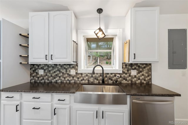 813 Panorama Dr, Colorado Springs, CO 80904 - kitchen with dishwasher, electric panel, a sink, and dark countertops