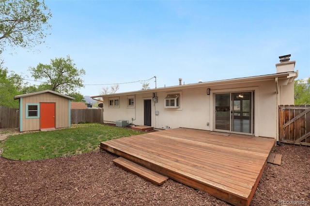 813 Panorama Dr, Colorado Springs, CO 80904 - rear view of property with a wooden deck, a chimney, cooling unit, and stucco siding