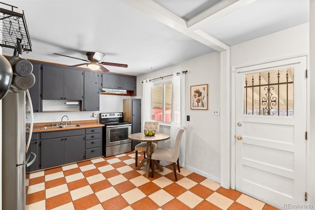 kitchen featuring stainless steel range with electric cooktop, backsplash, gray cabinetry, ceiling fan, and sink