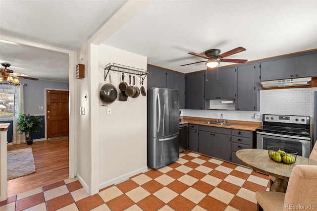 kitchen featuring sink, tasteful backsplash, wood counters, gray cabinetry, and appliances with stainless steel finishes