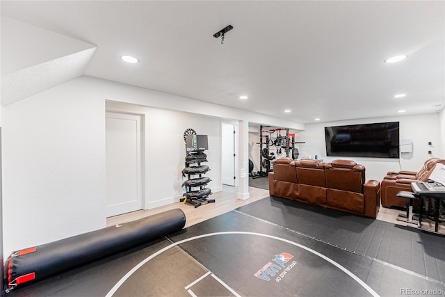 7302 E Bates Dr, Denver, CO 80231 - rec room featuring wood finished floors and recessed lighting