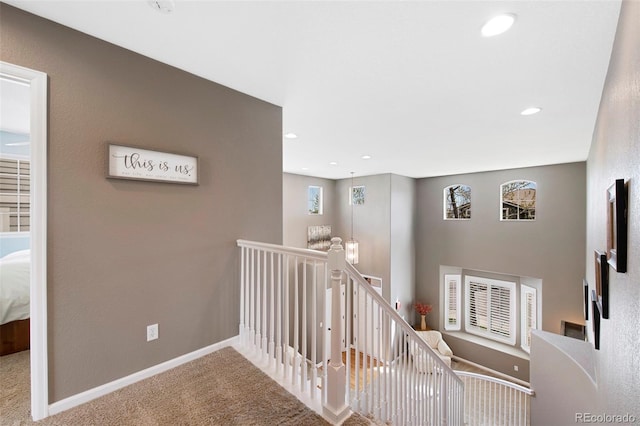 10633 Wynspire Way, Highlands Ranch, CO 80130 - hall with an upstairs landing, carpet flooring, and recessed lighting