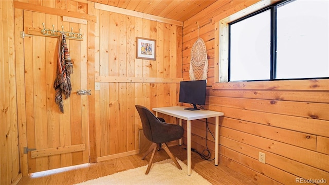 office featuring hardwood / wood-style floors, wood ceiling, and wood walls