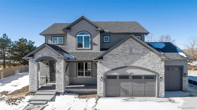 french country style house with a garage