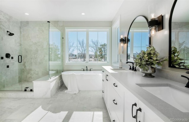 bathroom featuring vanity and separate shower and tub