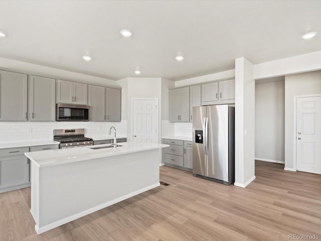 kitchen with gray cabinetry, a sink, tasteful backsplash, light wood-style floors, and appliances with stainless steel finishes