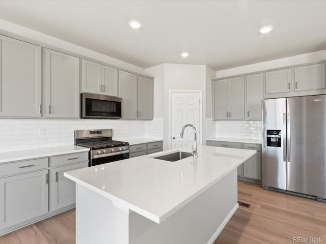 kitchen with a sink, appliances with stainless steel finishes, and gray cabinetry