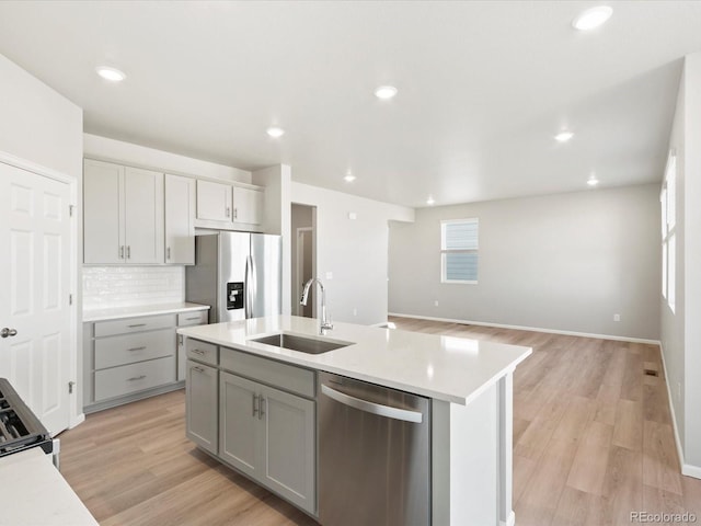 kitchen featuring gray cabinetry, a sink, light countertops, appliances with stainless steel finishes, and tasteful backsplash