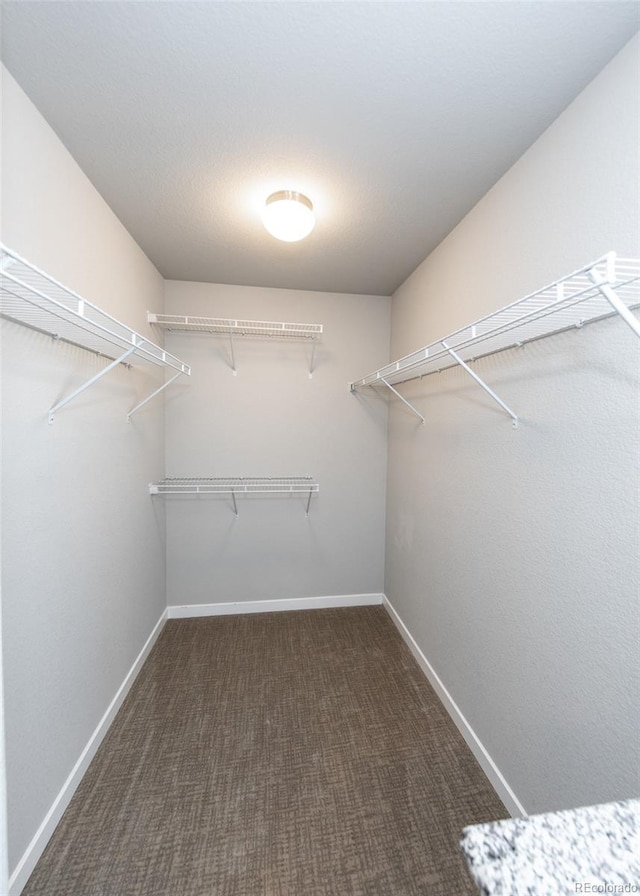 walk in closet featuring dark carpet