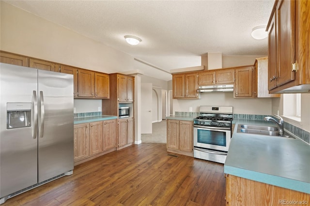 235 W May St, Cripple Creek, CO 80813 - kitchen featuring appliances with stainless steel finishes, under cabinet range hood, dark wood-style flooring, a textured ceiling, and light countertops
