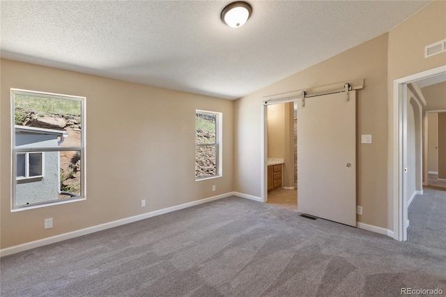 235 W May St, Cripple Creek, CO 80813 - unfurnished bedroom featuring a barn door, light colored carpet, a textured ceiling, multiple windows, and vaulted ceiling