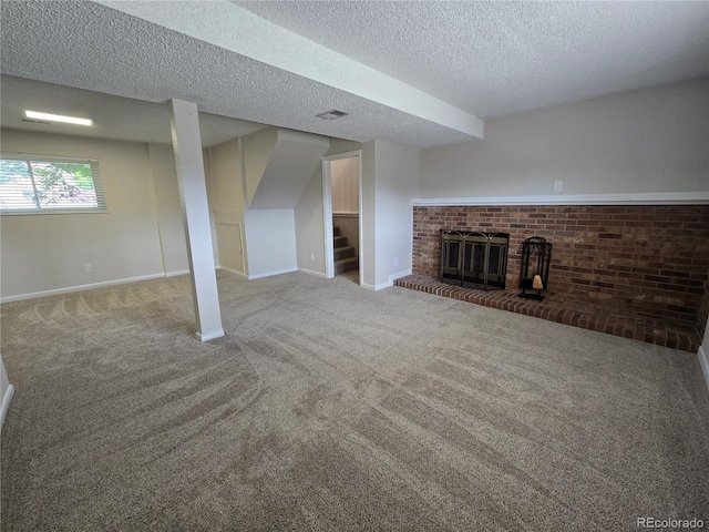 1265 S Biscay St, Aurora, CO 80017 - unfurnished living room featuring carpet flooring, stairway, a textured ceiling, and a fireplace