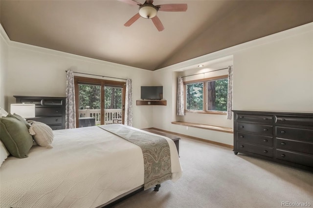19165 Golden Arrow Cir, Monument, CO 80132 - bedroom with multiple windows, access to outside, carpet flooring, vaulted ceiling, and a ceiling fan