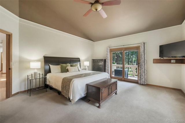 19165 Golden Arrow Cir, Monument, CO 80132 - carpeted bedroom with access to outside, vaulted ceiling, and ceiling fan