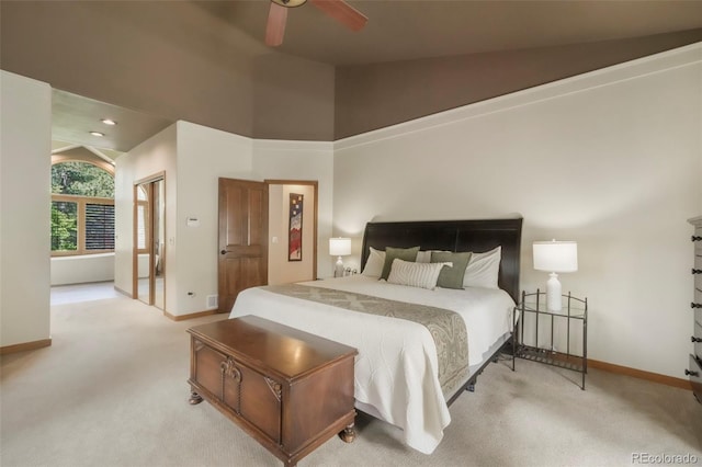 19165 Golden Arrow Cir, Monument, CO 80132 - carpeted bedroom featuring ceiling fan, high vaulted ceiling, and recessed lighting