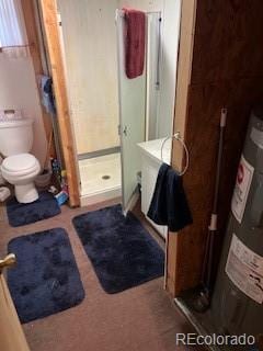 bathroom with toilet, a shower stall, and water heater