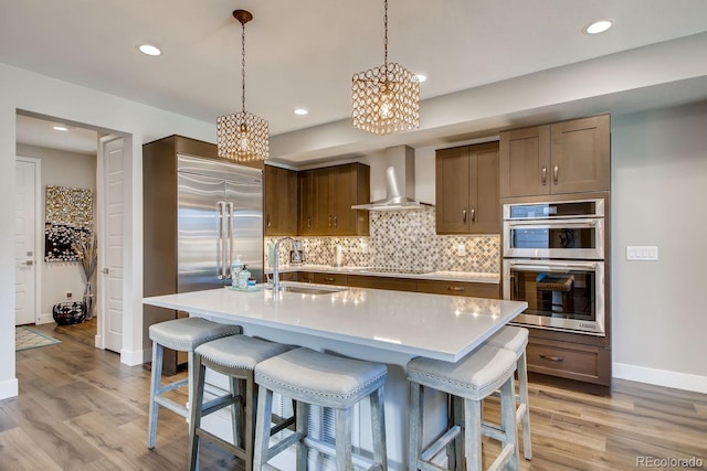 kitchen featuring sink, stainless steel appliances, light hardwood / wood-style floors, and wall chimney range hood