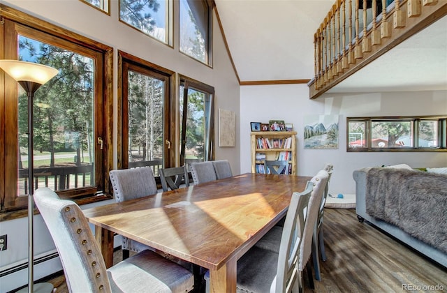 dining room with baseboard heating, a towering ceiling, and wood finished floors