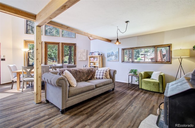 living room with dark wood-style flooring and baseboards