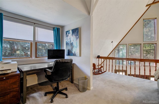 carpeted office featuring plenty of natural light, baseboards, and a textured wall