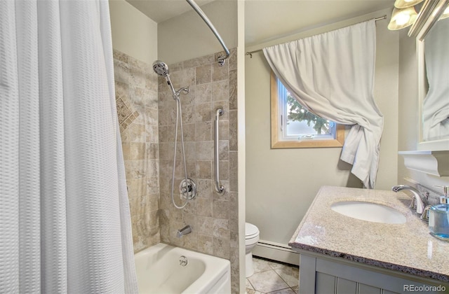 full bath with a baseboard radiator, toilet, shower / bath combination with curtain, vanity, and tile patterned floors