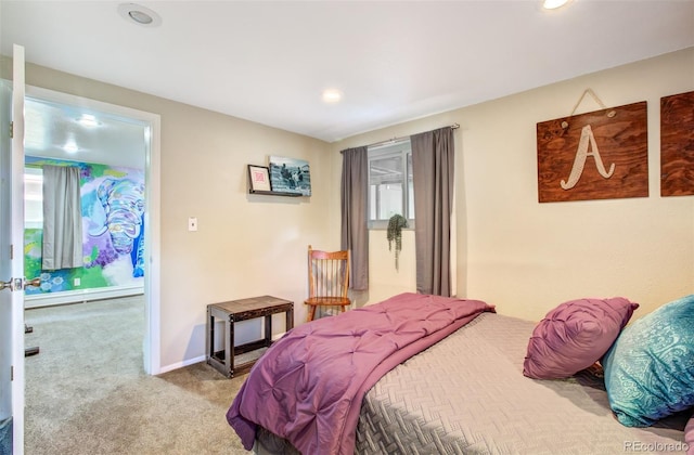 bedroom with carpet flooring, recessed lighting, and baseboards