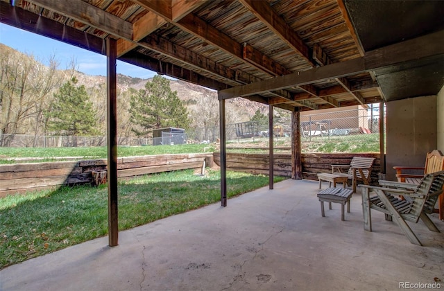 view of patio with a mountain view