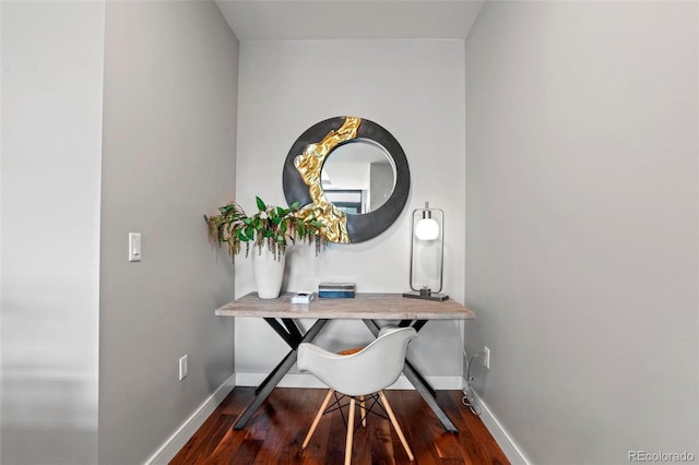 home office with dark wood-type flooring