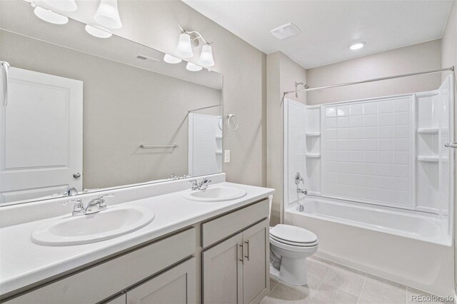 bathroom featuring a sink, visible vents, toilet, and double vanity