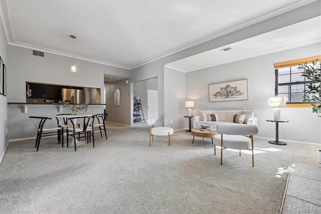 carpeted living room featuring baseboards, visible vents, and ornamental molding