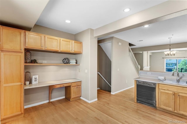 2763 W Riverwalk Cir Unit B, Littleton, CO 80123 - kitchen with black dishwasher, light brown cabinetry, light wood-type flooring, a sink, and light countertops