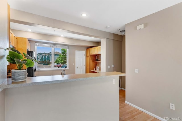 2763 W Riverwalk Cir Unit B, Littleton, CO 80123 - kitchen featuring a peninsula, light wood-style flooring, light countertops, baseboards, and recessed lighting