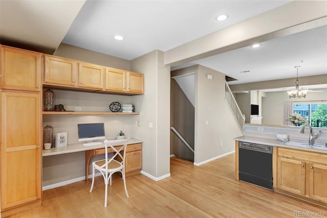2763 W Riverwalk Cir Unit B, Littleton, CO 80123 - kitchen with dishwasher, light brown cabinetry, a sink, light wood-style floors, and light countertops