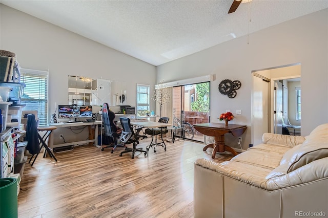 living room with ceiling fan, high vaulted ceiling, a textured ceiling, and light hardwood / wood-style flooring