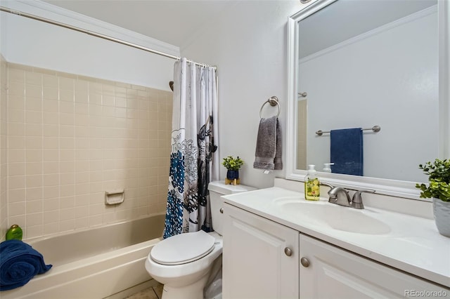 full bathroom with tile patterned floors, vanity, shower / bath combo, and toilet