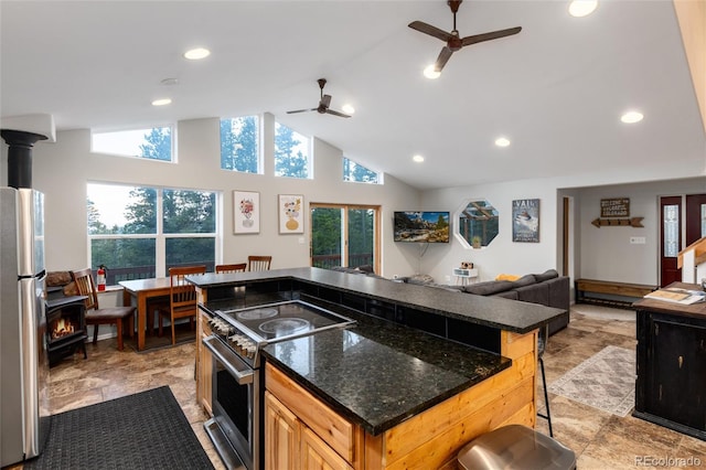 302 Texas Dr, Idaho Springs, CO 80452 - kitchen with appliances with stainless steel finishes, ceiling fan, a wood stove, vaulted ceiling, and healthy amount of natural light