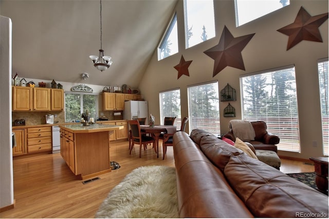 interior space with a chandelier, a wealth of natural light, light wood-style flooring, and visible vents