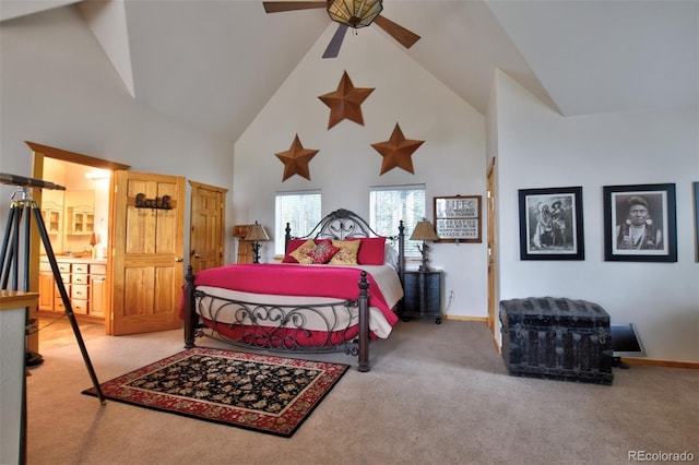 carpeted bedroom featuring high vaulted ceiling, baseboards, and a ceiling fan