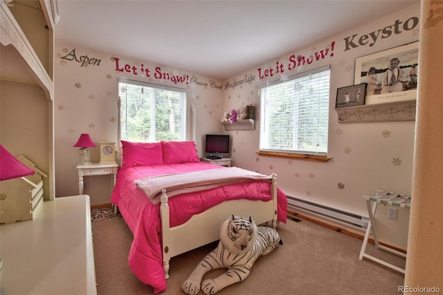 carpeted bedroom featuring wallpapered walls and baseboard heating