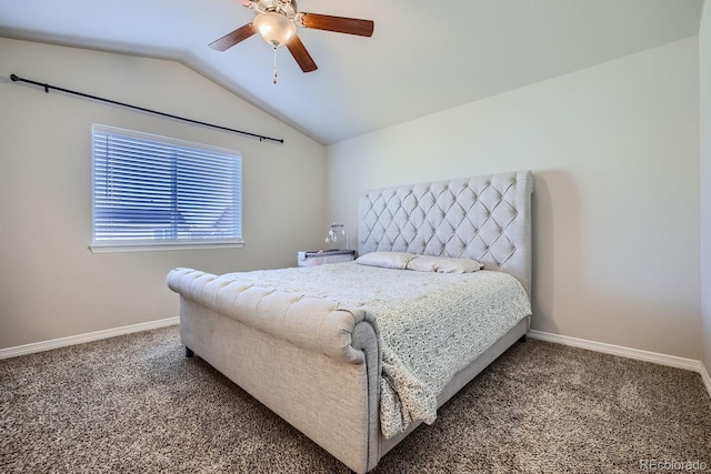 carpeted bedroom featuring ceiling fan and lofted ceiling