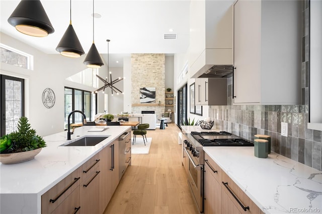 5070 Easley Rd, Golden, CO 80403 - kitchen featuring stainless steel appliances, a towering ceiling, light wood-style floors, light stone countertops, and open floor plan