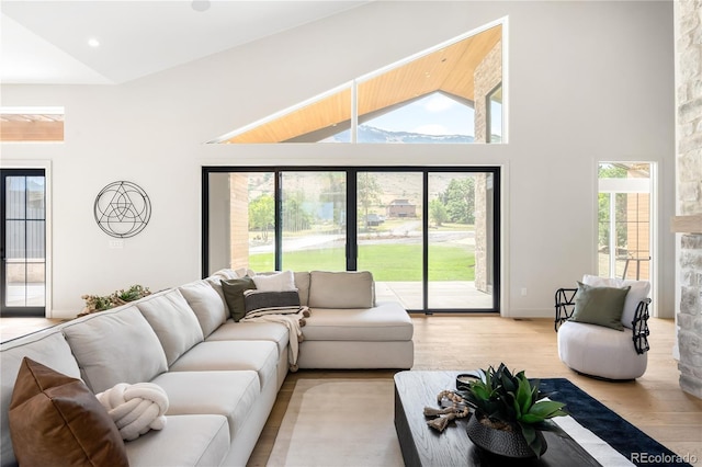 5070 Easley Rd, Golden, CO 80403 - living room featuring light wood-type flooring, high vaulted ceiling, and healthy amount of natural light