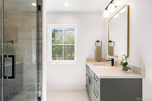 5070 Easley Rd, Golden, CO 80403 - full bath with vanity, marble finish flooring, a stall shower, and recessed lighting
