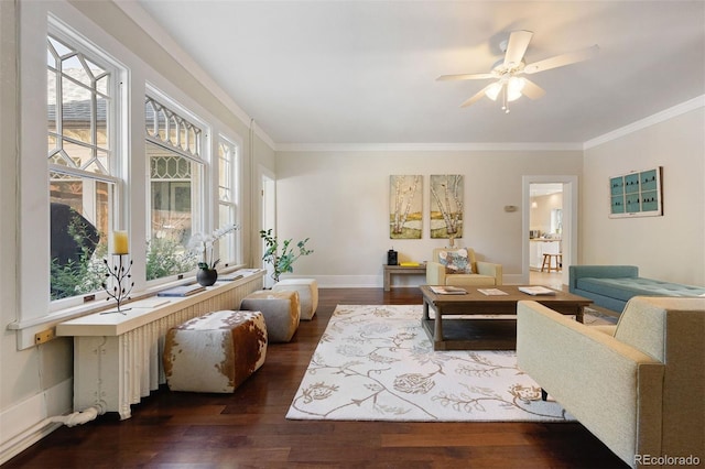 36 Lake Ave, Colorado Springs, CO 80906 - living room with dark wood-style flooring, baseboards, crown molding, and a ceiling fan