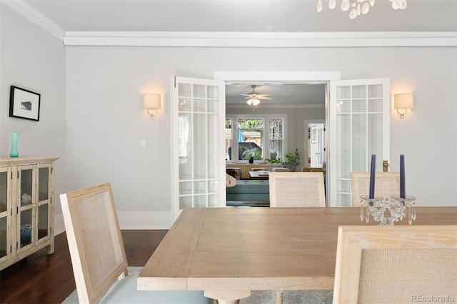 36 Lake Ave, Colorado Springs, CO 80906 - dining area with dark wood-style floors, crown molding, baseboards, ceiling fan, and french doors