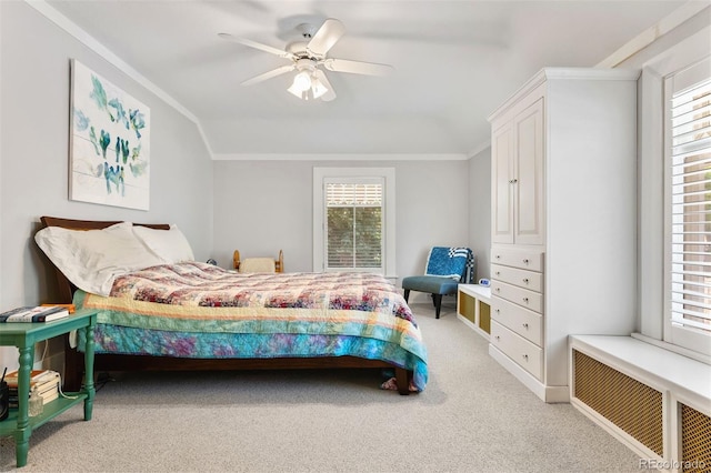 36 Lake Ave, Colorado Springs, CO 80906 - bedroom featuring multiple windows, carpet floors, radiator, a ceiling fan, and ornamental molding