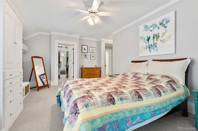 36 Lake Ave, Colorado Springs, CO 80906 - bedroom with ornamental molding, light carpet, ceiling fan, baseboards, and an AC wall unit