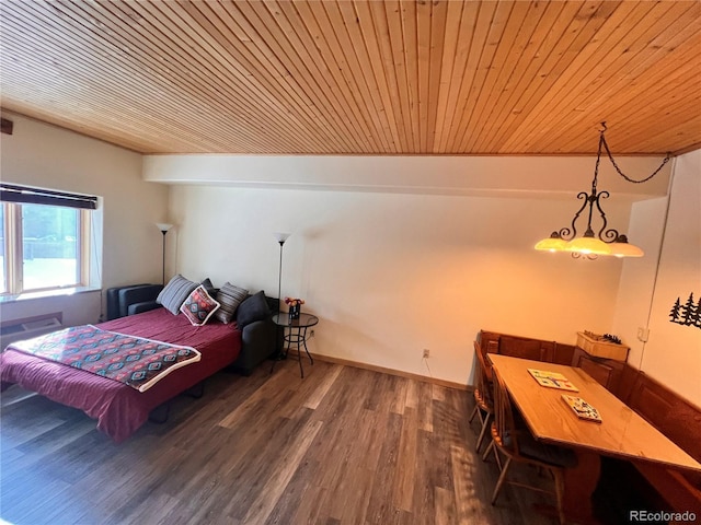 bedroom with wood ceiling and dark hardwood / wood-style floors