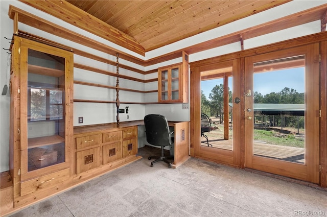 701/700 Bella Vista Ln, Cotopaxi, CO 81223 - home office featuring wooden ceiling, light colored carpet, and french doors